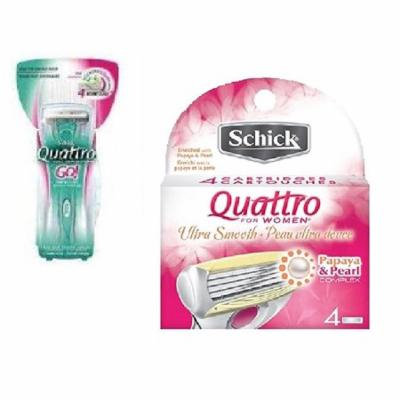 Schick Quattro for Woman GO Razor Handle + Schick Quattro for Women Razor Refill Blade Cartridges, Ultra Smooth, 4 Ct. + Schick Slim Twin ST for Dry Skin