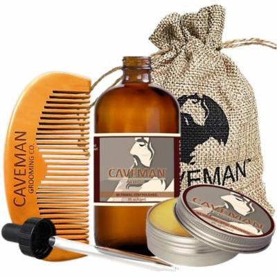 Caveman 2oz Beard Oil, 2oz Beard Balm, Custom Wooden Comb, Caveman Bag - Scent: Island Breeze