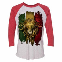 Rasta Lion Rastafarian Haile Selassie 3/4 Raglan Tee Jersey Red / White Large