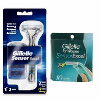 Gillette Sensor Excel Razor w/ 3 Cartridges + Gillette Sensor for Women 10 Ct. Refill Blades + 3 Count Eyebrow Trimmer