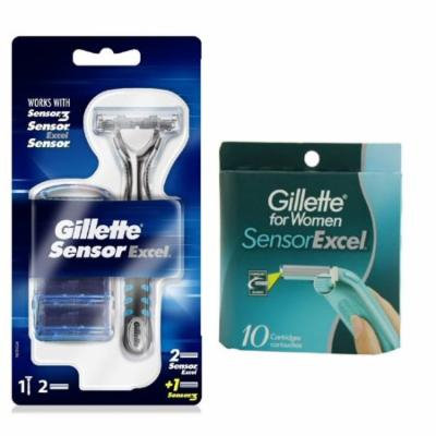 Gillette Sensor Excel Razor w/ 3 Cartridges + Gillette Sensor for Women 10 Ct. Refill Blades + 3 Count Eyebrow Trimmer