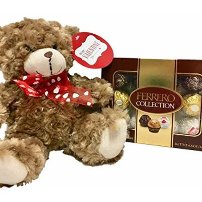 Ferrero Chocolate Candy Collection (Rondnoir, Rocher, Raffaello) and 10 Inch Plush Brown Bear - Valentine Gift (Brown)