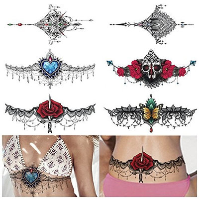 Le Fu Li 6pc new Chest tattoo stickers large flower shoulder arm Sternum tattoos sleeve body paint death skull rose Black Fire sexy women