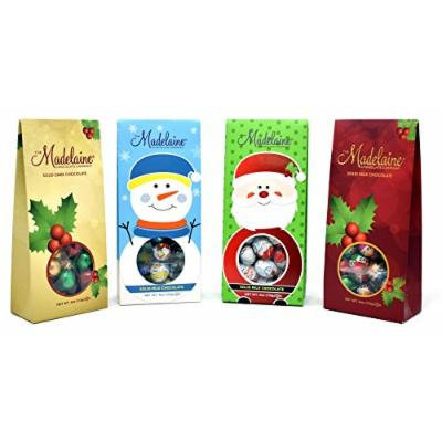 Madelaine Chocolate CHRISTMAS ORNAMENT BALL, SANTA FACE , SNOWMAN FACE and CHRISTMAS ORNAMENT BALL, PREMIUM DARK and MILK CHOCOLATE gift Bags, Each 4 Oz - Pack of 4