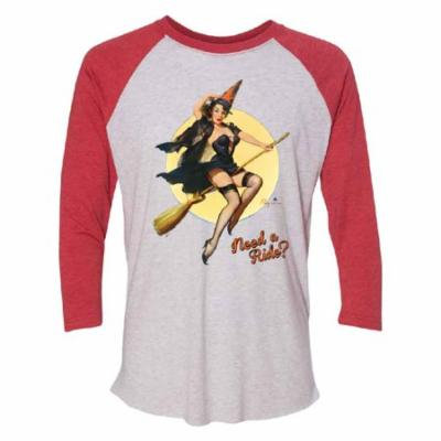 Pin up Girl Witch Need a Ride? 3/4 Raglan Tee Jersey Red / White X-Large