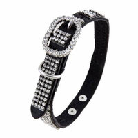 Black Leather Dog Collar with 4 Rows of High Quality Clear Rhinestones, Size Large
