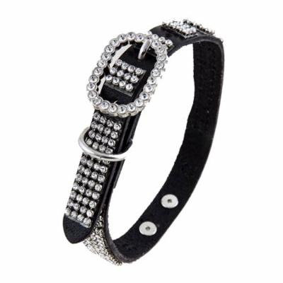 Black Leather Dog Collar with 4 Rows of High Quality Clear Rhinestones, Size Large