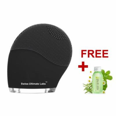 Swiss-Ultimate Labs Sonic Perfect Curve Silicone Face Cleanser Brush, 3-in-1 Deep Face Cleaner & Invigorating Massage, 14 Modes, USB Charging & Waterproof w/ Bonus Herbal Face Wash Sample (Black)