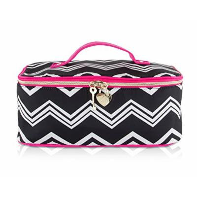 Betsey Johnson Nylon Chevron Train Top Handle Travel Toiletry Cosmetic Case Holder - Black White Stripe