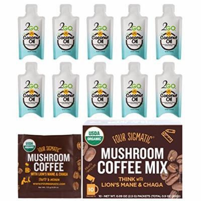Four Sigmatic Mushroom Coffee with Lion's Mane & Chaga To Go + Organic Cold Pressed Unrefined Coconut Oil Packets with Added MCT Oil (Lion's Mane & Chaga, 10 Mushroom Coffee + 10 Coconut Oil Packets)
