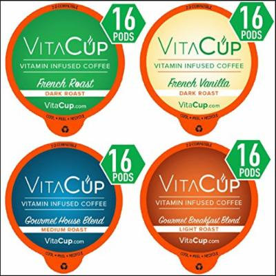 VitaCup Top Rated Coffee Cups Infused With Essential Vitamins B12, B9, B6, B5, B1, D3 in Single Serve Keurig Compatible K Pods (Coffee Lovers Bundle, 64)