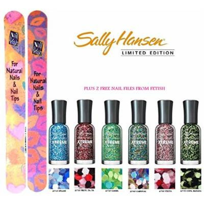 Sally Hansen Hard As Nails Xtreme Wear Nail Color Collection of 6 LIMITED EDITION SHADES Plus a Free Nail File From FETISH for Natural Nails And Nail Tips