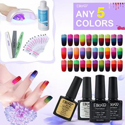 Elite99 Temperature Color Changing 3 Colour Showed UV LED Soak Off Any 5 Colors Gel Polish + 20pcs Remover Pads + Top & Base Coat + Cleanser Plus + Sanding File + Buffer + Polisher + 9W LED Lamp
