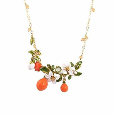 Generic summer _leaves_orange_blossom_Kapok_Provence_glazed_enamel_ diamond necklace pendant short _paragraph
