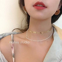 Generic A_ Double _eel_ gold _plated_ pearl necklace pendant temperament _bow_ chain clavicle