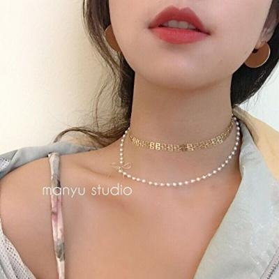 Generic A_ Double _eel_ gold _plated_ pearl necklace pendant temperament _bow_ chain clavicle