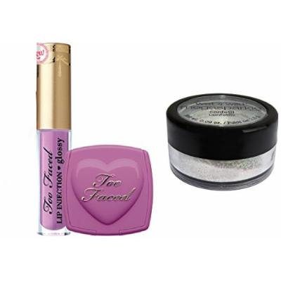Too Faced Naughty Kisses & Sweet Cheeks Set Deluxe Lip Injection Glossy lip gloss in Like a Boss and Love Flush Long Lasting 16-Hour Blush In Dream Lover and Wet'n Wild Shimmer Dust