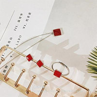 Generic K_sister_red_square_piece_of_ silver jewelry _suite_ Korean _version_of_ 925 _square_piece_of_ decorative pendant necklace ring earrings _three-piece