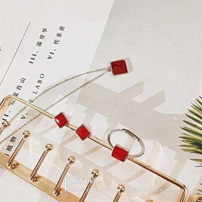 Generic K_sister_red_square_piece_of_ silver jewelry _suite_ Korean _version_of_ 925 _square_piece_of_ decorative pendant necklace ring earrings _three-piece
