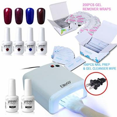 Elite99 Soak Off UV LED 4 Color Nail Gel Polish + Base Top Coat + 36W Nail Lamp(US Plug) + 200pcs Gel Remover Wraps + 100pcs Nail Prep & Gel Cleanser Wipe Nail Art Manicure Set C026
