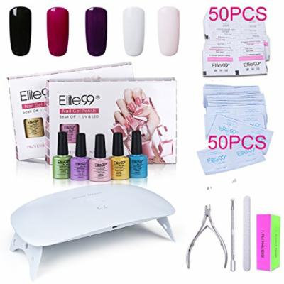 Elite99 Soak Off Gel Nail Polish Kit + SUNmini2 Plus 24W UV LED Nail Lamp + Gel Remover Wraps 50pcs + Cleanser Pads 50pcs + Nail Files and Buffer, Cuticle Pusher and Clipper Set C038