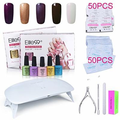 Elite99 Soak Off Gel Nail Polish Kit + SUNmini2 Plus 24W UV LED Nail Lamp + Gel Remover Wraps 50pcs + Cleanser Pads 50pcs + Nail Files and Buffer, Cuticle Pusher and Clipper Set C020