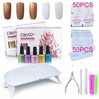 Elite99 Soak Off Gel Nail Polish Kit + SUNmini2 Plus 24W UV LED Nail Lamp + Gel Remover Wraps 50pcs + Cleanser Pads 50pcs + Nail Files and Buffer, Cuticle Pusher and Clipper Set C003