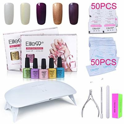Elite99 Soak Off Gel Nail Polish Kit + SUNmini2 Plus 24W UV LED Nail Lamp + Gel Remover Wraps 50pcs + Cleanser Pads 50pcs + Nail Files and Buffer, Cuticle Pusher and Clipper Set C006