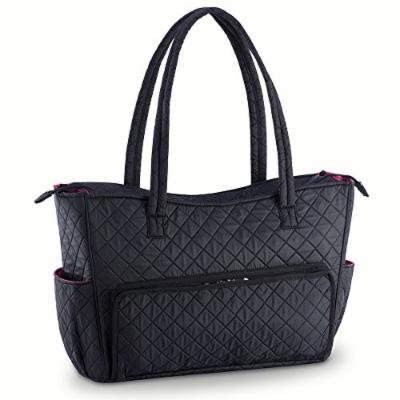 Quilted Shoulder Beauty Bag With Brush Storage Pocket Ideal for Cosmetic Bottles Brushes (Black)