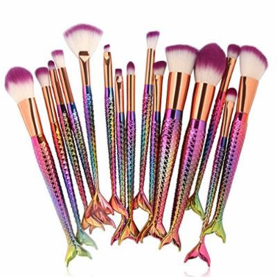 Professional 15PCS Mermaid Makeup Brushes Set Foundation Blending Eyebrow Eyeliner Blush Blending Contour Cosmetic Make Up Tools Multicolor