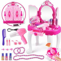 Qiilu Girls Make Up Dressing Table Glamorous Princess Dressing Table with Stool, Mirror, Hair Dryer, Pink Make-Up Table Toy Makeup Accessories Girls Gift