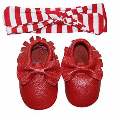 Unique Baby Bow Moccasins and Striped Headband Set (Large, Red & White (Red Moccasin))