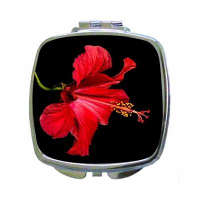 Red Hibiscus Hawaiin Flower Print Design - Square Shaped Compact Travel Pocket Size Beauty Mirror