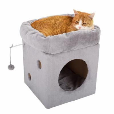 Cat Pet Bed/House with 2 Removable Plush Cushion Pads- Indoor Enclosed Covered Condo/Cavern for Cats, Kittens, and Small Pets by PETMAKER (Frost Gray)