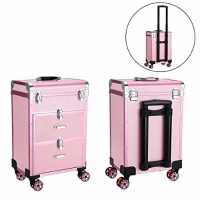 Homdox 3 Tier Rolling Makeup Organizer Drawers Multifunctional Beauty Salon Cosmetic Organizer Case Aluminum Alloy Frame Pink (US STOCK)