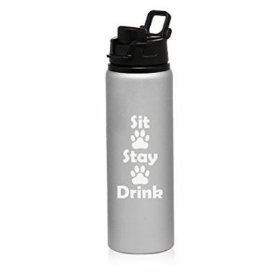 25 oz Aluminum Sports Water Travel Bottle Sit Stay Drink Funny Paw Prints Dog Cat Animal Lover (Silver)