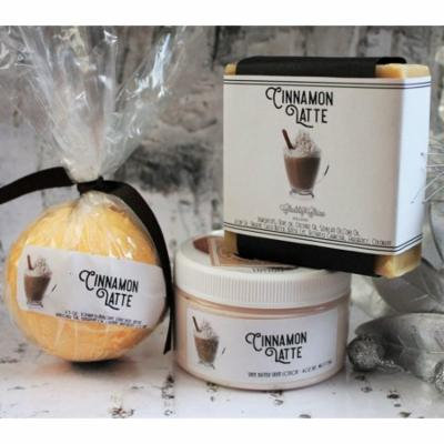 Chubby Chico Charms All Natural Bath Bomb, Body Bar & Body Butter, Cinnamon Latte Scented, 3 Piece Bath Set