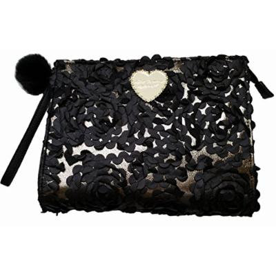 Betsey Johnson Black Floral Applique Clutch Cosmetic Case