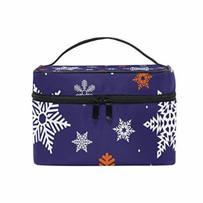 Portable Travel Makeup Cosmetic Bag Classic Christmas Snowflakes Pattern Durable Toiletry Organizer Train Case for Women Girls