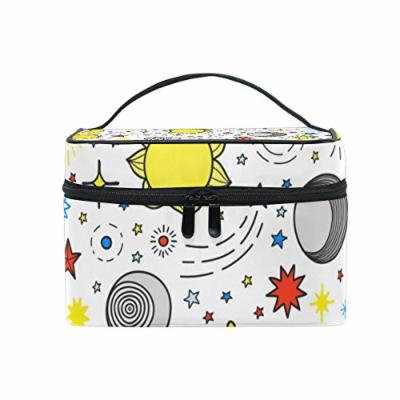 Portable Travel Makeup Cosmetic Bag Cute Cartoon Sun Moon and Stars Durable Toiletry Organizer Train Case for Women Girls