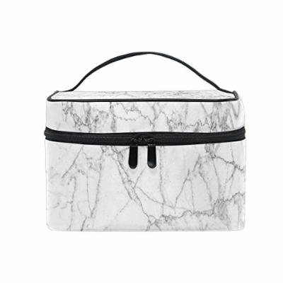 Portable Travel Makeup Cosmetic Bag White Marble Texture Print Durable Toiletry Organizer Train Case for Women Girls