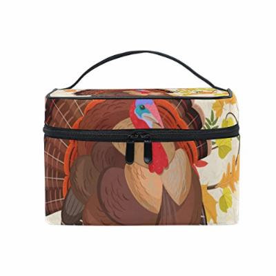 Portable Travel Makeup Cosmetic Bag Happy Thanksgiving Beautiful Turkey and Autumn Leaves Durable Toiletry Organizer Train Case for Women Girls