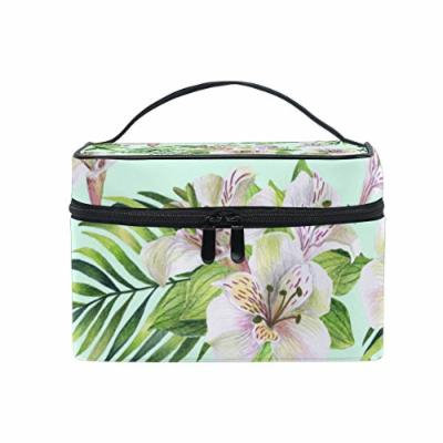 Portable Travel Makeup Cosmetic Bag Tropical Watercolor Flowers Durable Toiletry Organizer Train Case for Women Girls