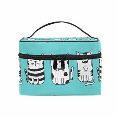 Portable Travel Makeup Cosmetic Bag Doodle Funny Cats Pattern Durable Toiletry Organizer Train Case for Women Girls