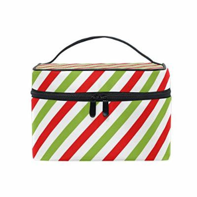 Portable Travel Makeup Cosmetic Bag Christmas Red Green Diagonal Stripes Durable Toiletry Organizer Train Case for Women Girls