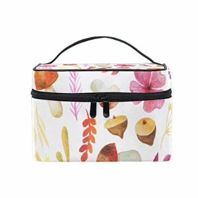 Portable Travel Makeup Cosmetic Bag Watercolor Leaves Flowers Mushroom Durable Toiletry Organizer Train Case for Women Girls