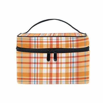 Portable Travel Makeup Cosmetic Bag Yellow White Tartan Pattern Durable Toiletry Organizer Train Case for Women Girls