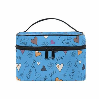 Portable Travel Makeup Cosmetic Bag Doodle Hearts I Love You Durable Toiletry Organizer Train Case for Women Girls