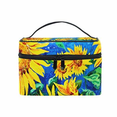 Portable Travel Makeup Cosmetic Bag Oil Painting Yellow Sunflowers Durable Toiletry Organizer Train Case for Women Girls
