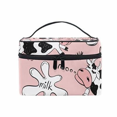Portable Travel Makeup Cosmetic Bag Funny Cows and Milk Pink Durable Toiletry Organizer Train Case for Women Girls
